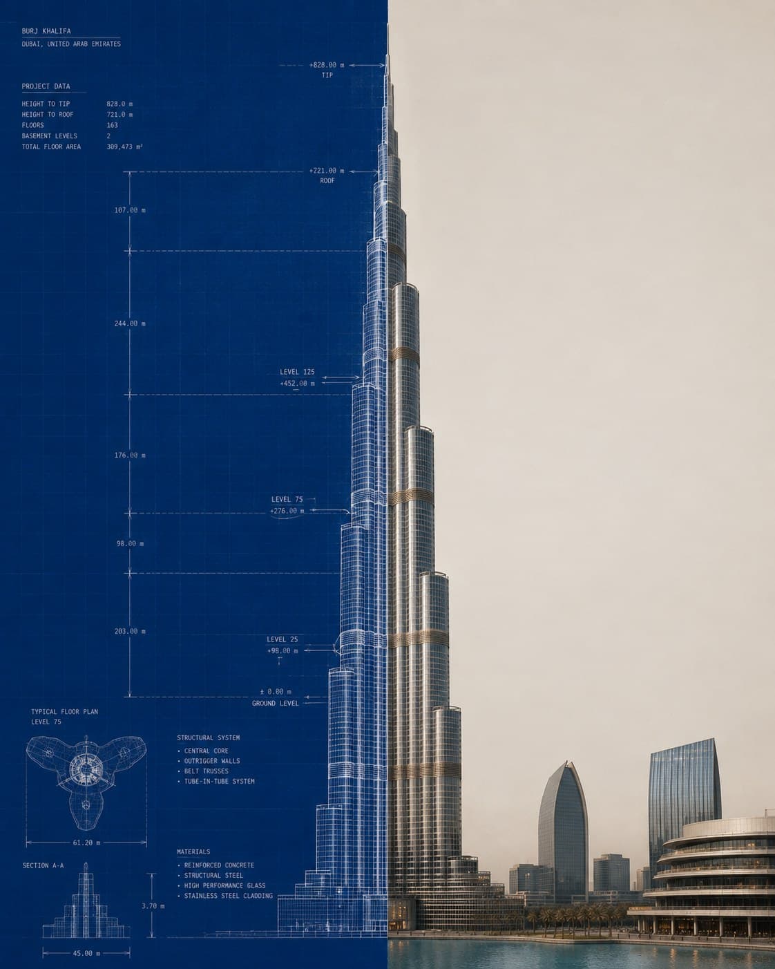 Projeto estrutural do Burj Khalifa ao lado do edifício construído