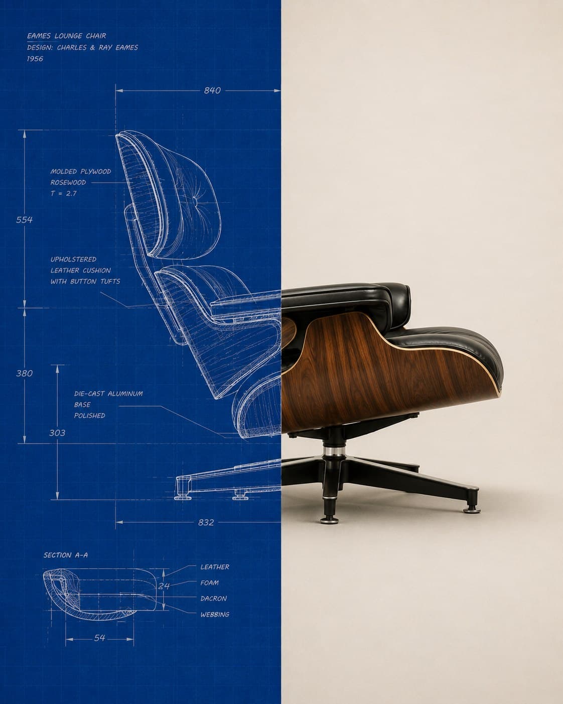 Projeto técnico da poltrona Eames ao lado do produto final
