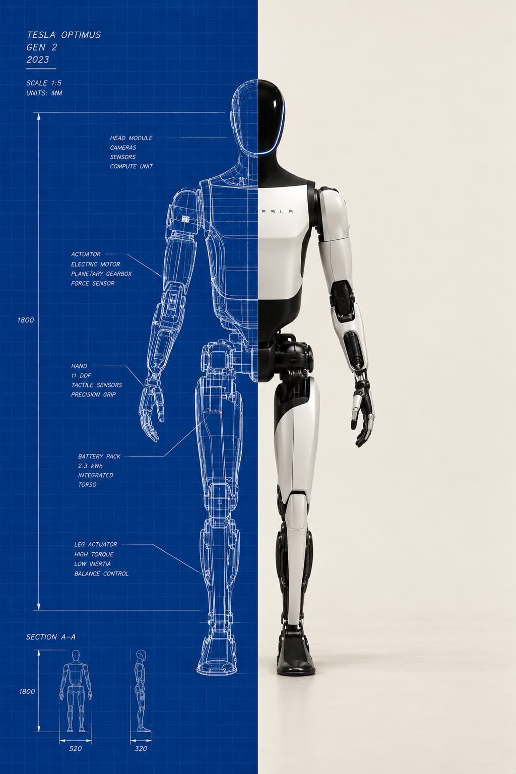 Projeto técnico do robô Tesla Optimus ao lado do robô pronto
