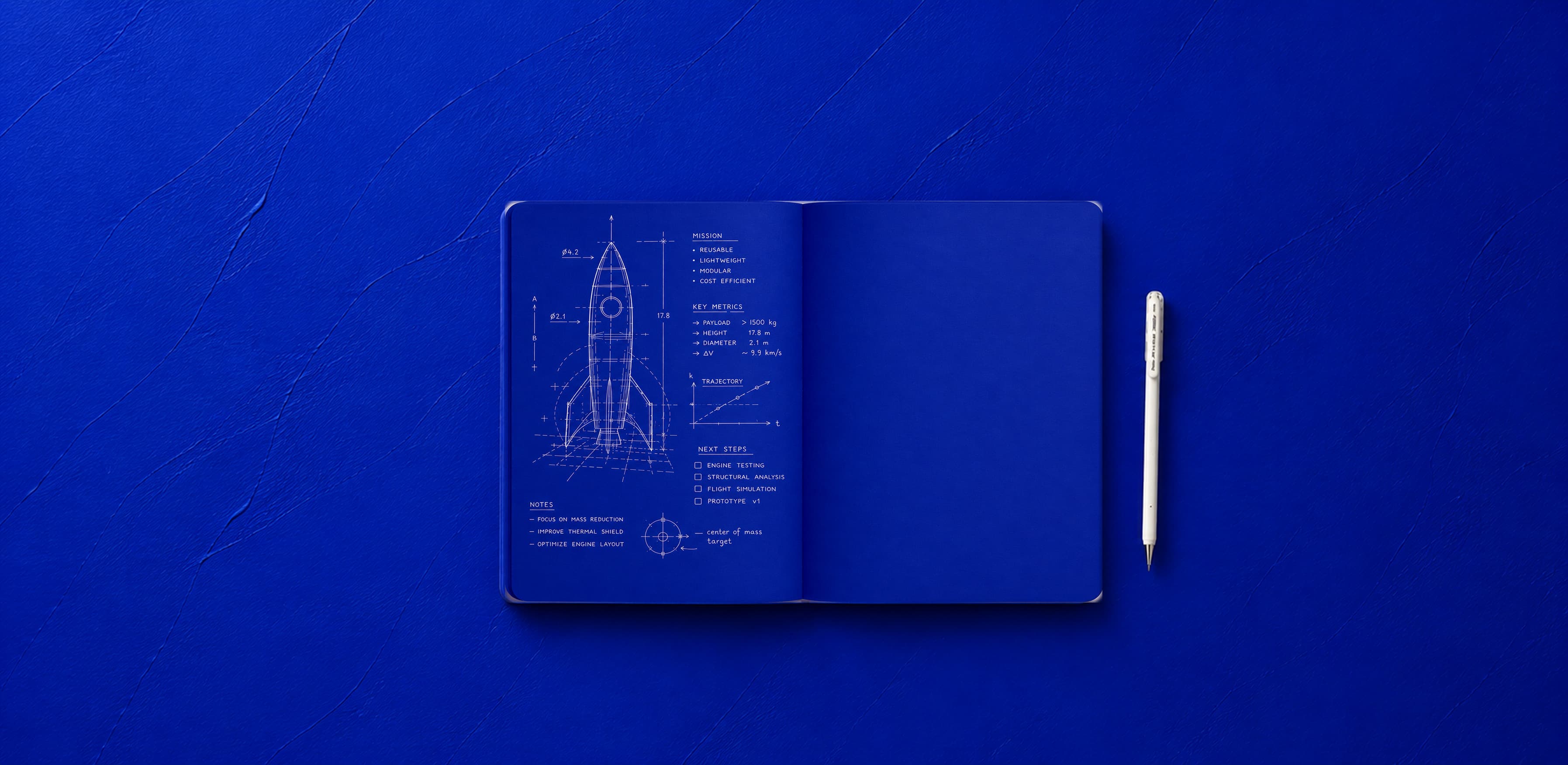 Blueprint aberto num projeto de foguete, com a caneta branca ao lado, sobre fundo azul