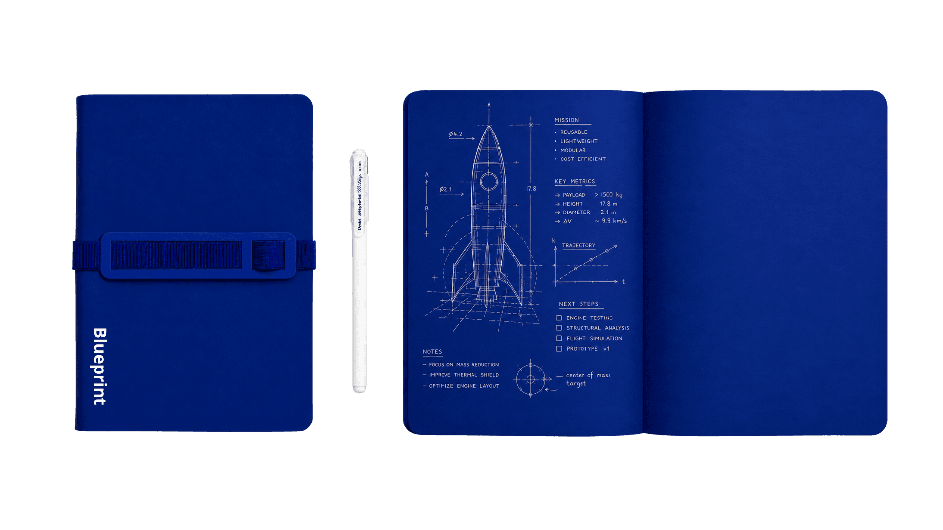 Blueprint fechado com elástico, caneta branca e o caderno aberto num projeto de foguete
