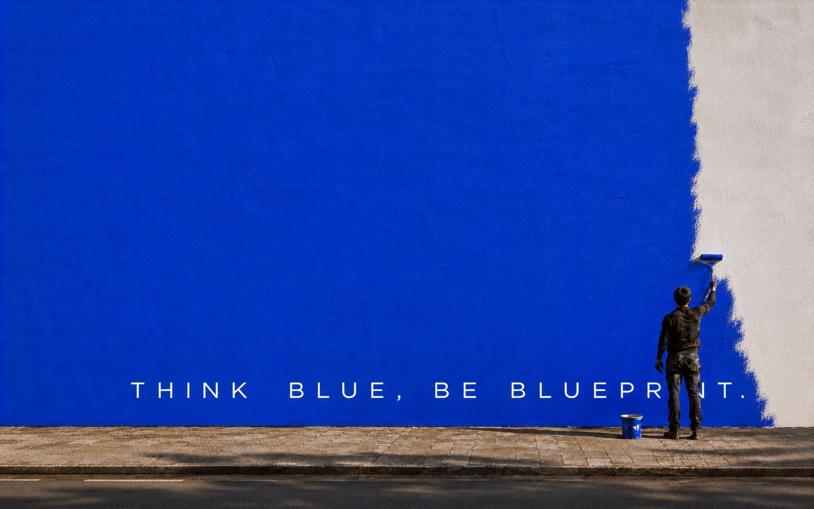 Pintor cobrindo uma parede com tinta azul sobre a frase Think Blue, Be Blueprint