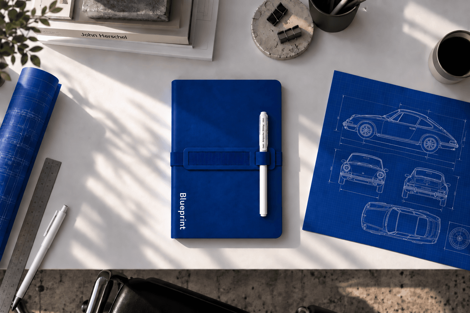 Mesa de trabalho vista de cima: a Blueprint fechada com a caneta branca no elástico, ao lado da prancha técnica de um carro esportivo, rolo de plantas e régua