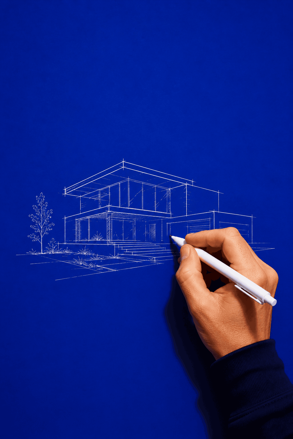 Mão desenhando uma casa em traço branco sobre a página azul