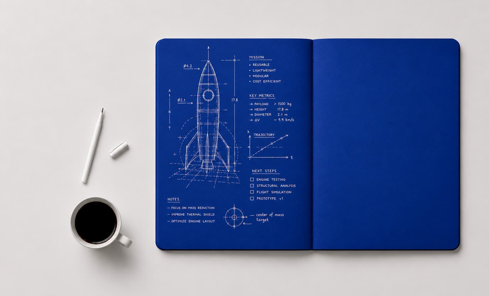 Blueprint aberta num projeto de foguete desenhado em branco, com a caneta e uma xícara de café